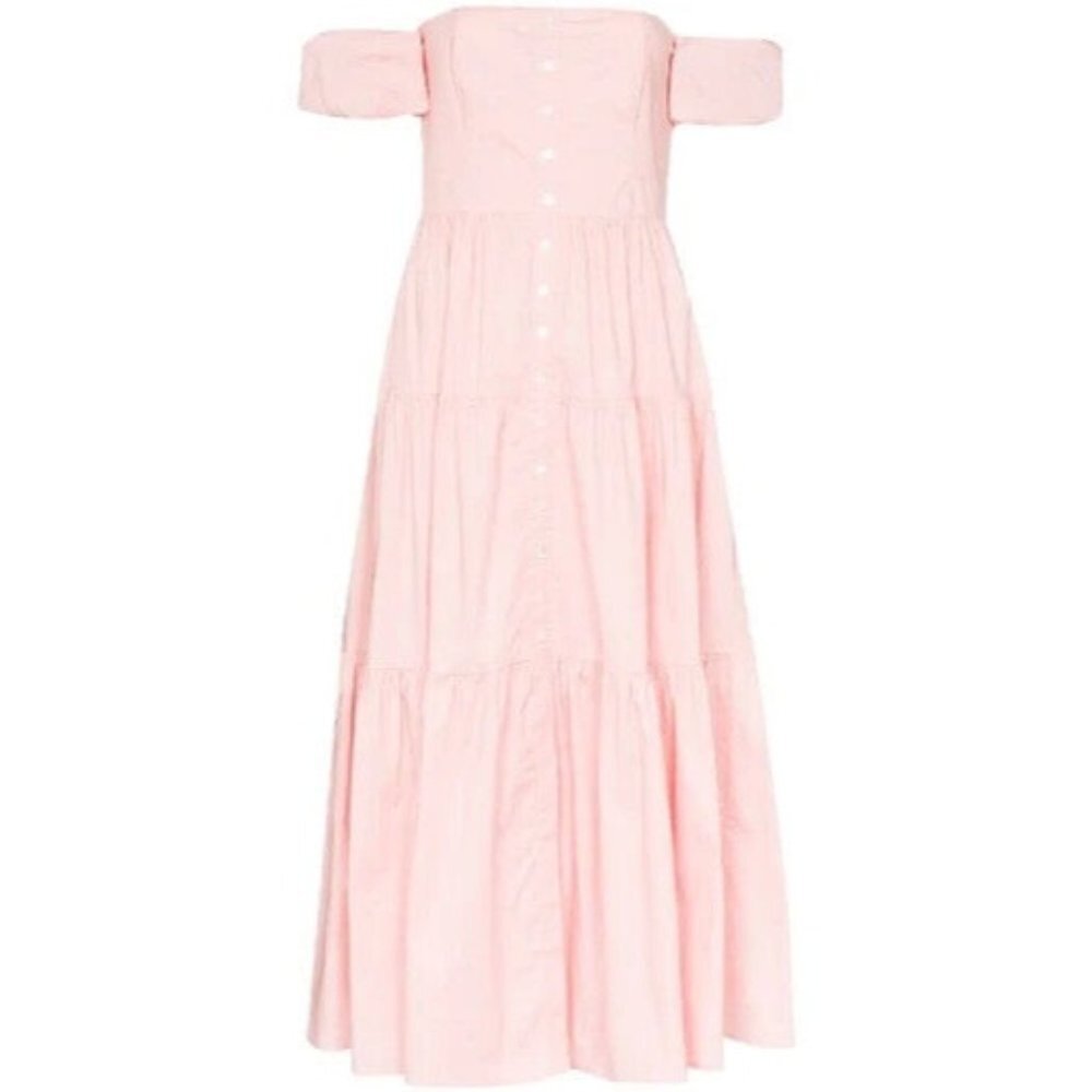 NWT Staud Elio in Strawberry Cream Off Shoulder Button Down Tiered Midi Dress 10